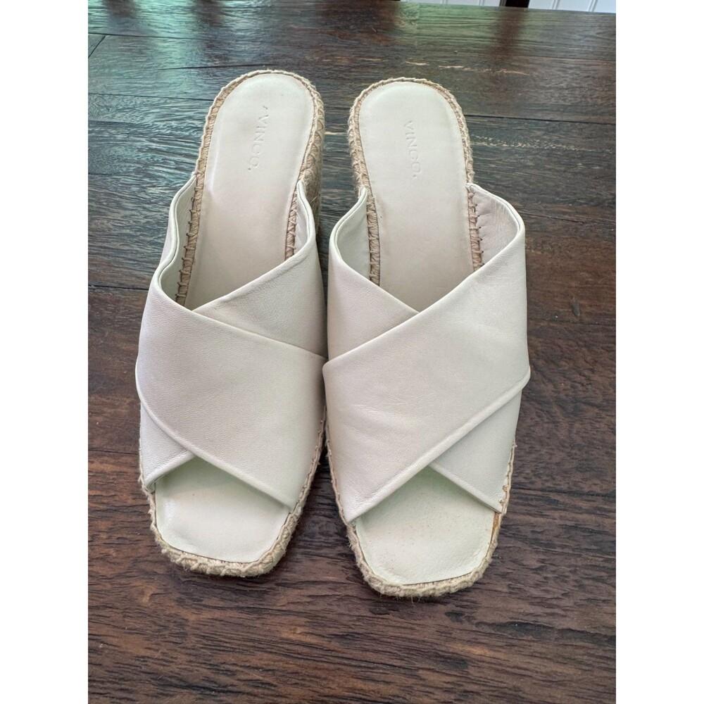 VINCE. Gaelan Wedge Slide Sandals Ivory Leather Espadrille Size 9 M New No Box